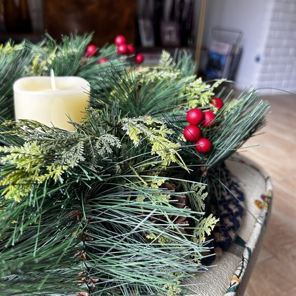 Luminara 4.5" Pillar Flameless Candle + Christmas 18" Wreath Red Berries Pines - Picture 4 of 12